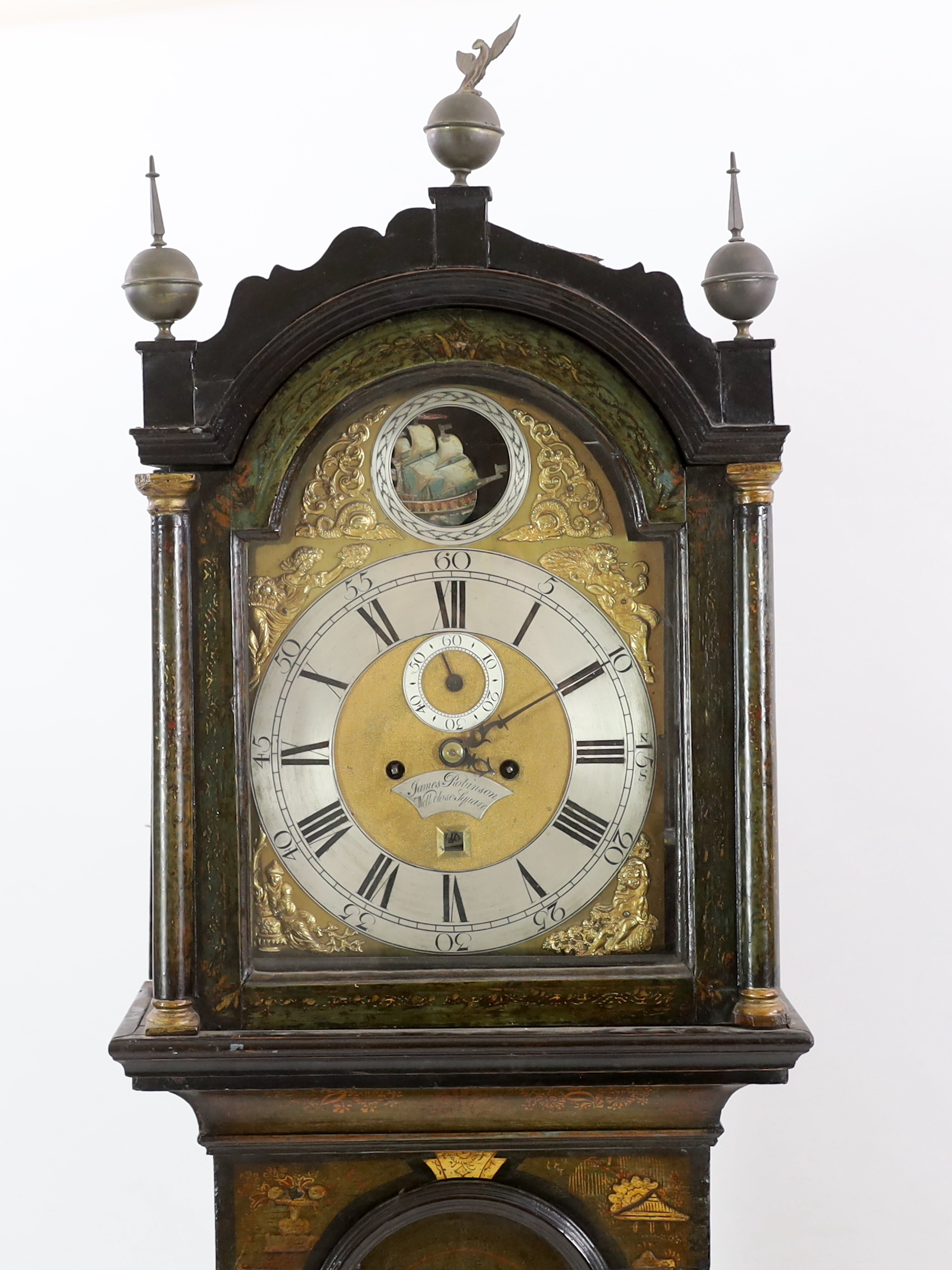James Robinson of Well Close Square, a George III black japanned eight day longcase clock, 49cm wide, 24cm deep, 223cm high